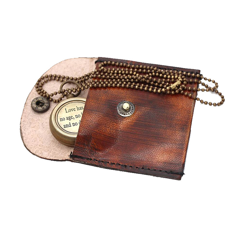 Antique Nautical Vintage Directional Magnetic Compass Engraved Quote !LOVE HAS NO AGE! Necklace with Leather Case 