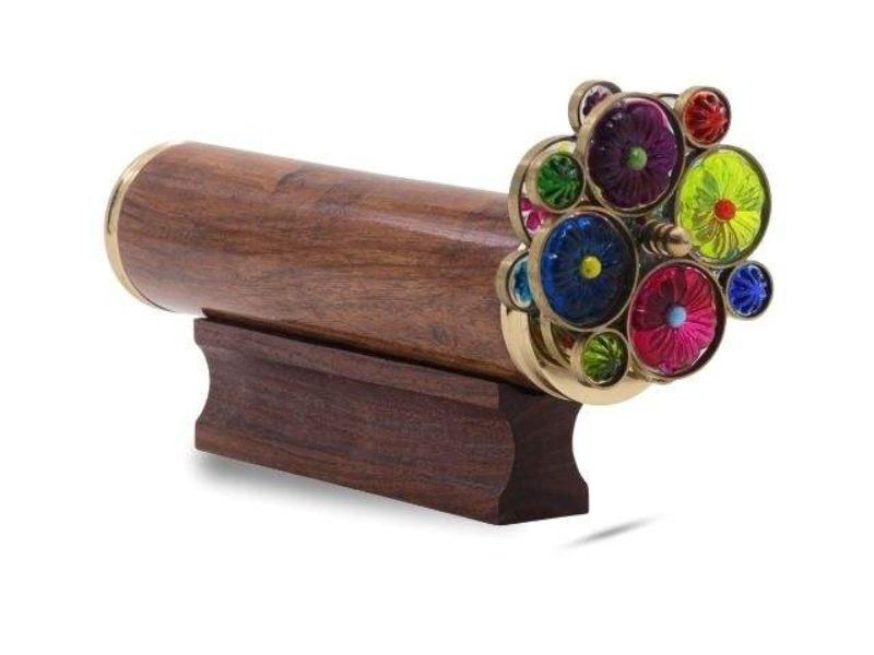 Handcrafted Wooden Brass Kaleidoscope with Colorful Flower Wheels Optical Art Collectible Toy and Gift