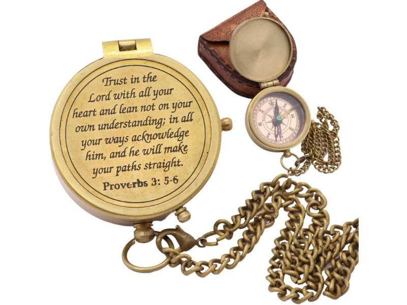 Trust in The Lord, Proverbs 3:5-6 | Solid Brass Engraved Compass with Leather Case | Christian Gifts for Men, Boys & Girls | Baptism, First Communion, Confirmation, Inspirational Faith Gift