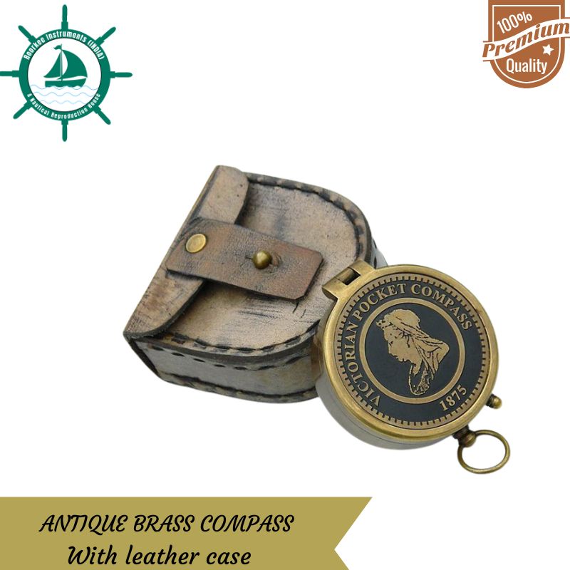 Antique Nautical Vintage Directional Magnetic Brass Compass with Engraved Victorian Pocket Compass Baptism Gifts with Leather Case