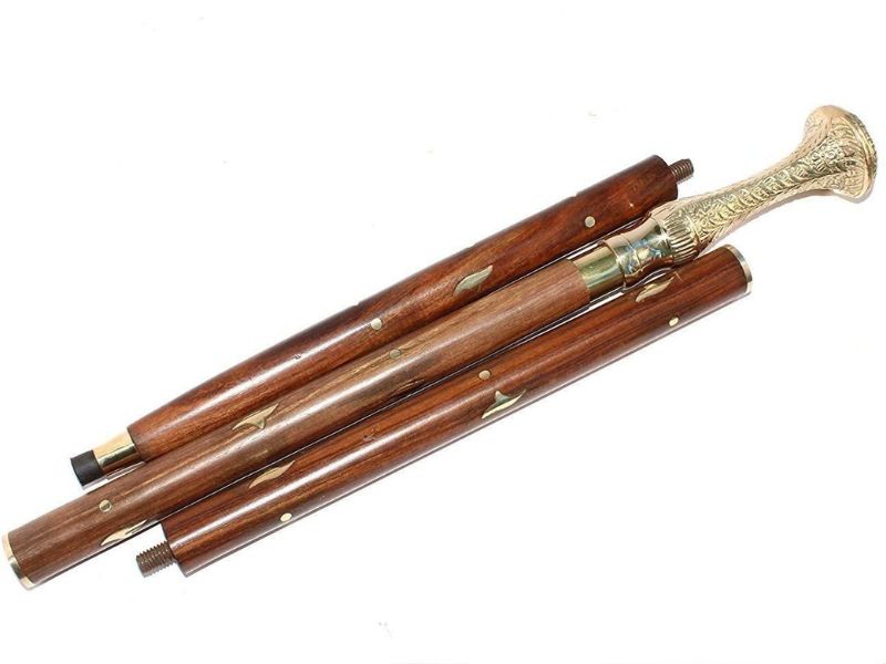 Vintage Brass Handle Walking Cane – Ornate Victorian Style Wooden Walking Stick for Men & Women – 36 Inch Foldable Brown Rosewood Cane with Brass Collar & Rubber Tip – Collectible Gift for Gentlemen