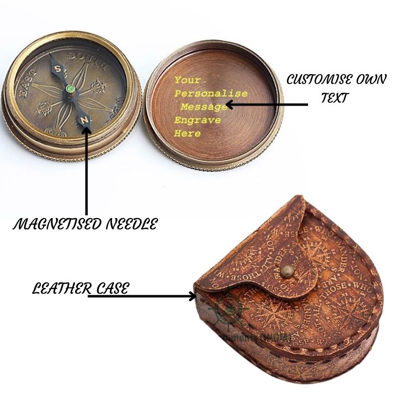 Happy are Those Who Dream Dreams Brass Compass with Leather Case Free Engraving!!.