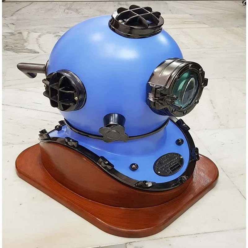 Blue Hand Crafted Black Chrome Scuba Morse Boston Brass Diving US Navy Divers Helmet with Heavy Duty Wooden Stand