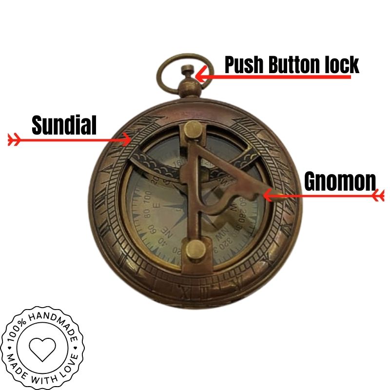 2.5 inch Antique Push Button Brass Sundial Compass