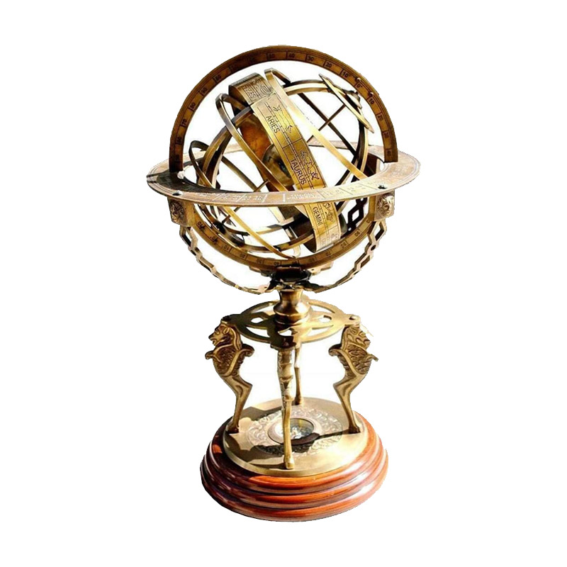 Antique Brass 18 Inches Armillary Sphere Globe Astrolabe Zodiac Engraved Celestial Globe Wooden Base with Compass