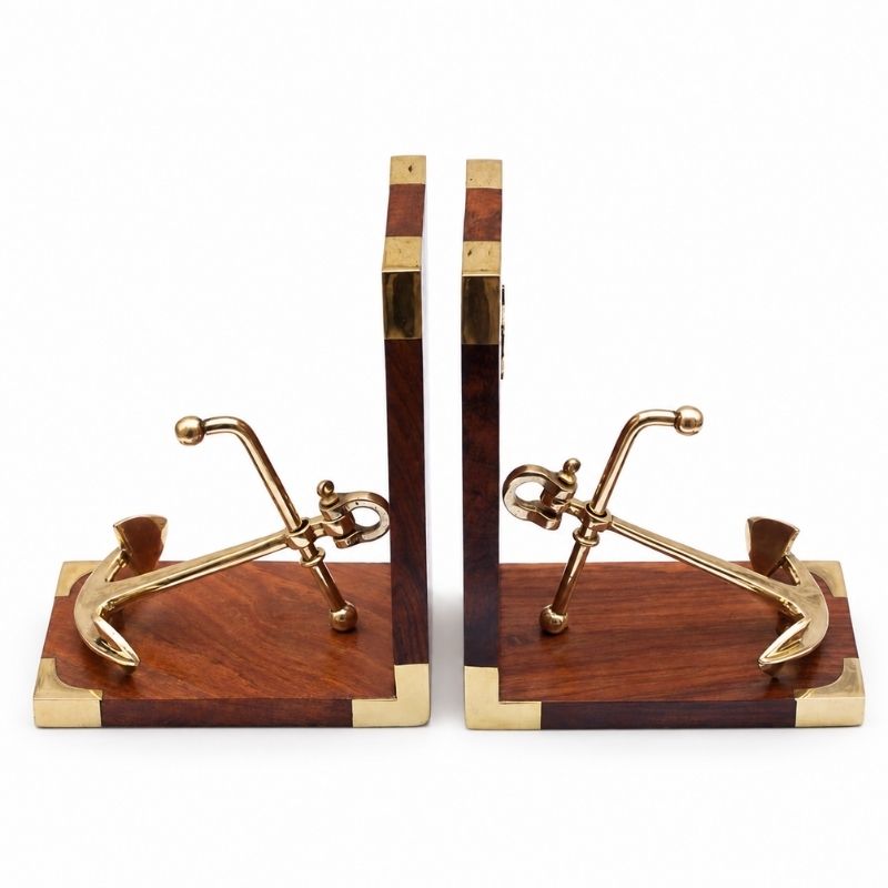 Handmade Wooden Brass Anchor Bookends Set | Nautical Maritime Office Desk Library Decor