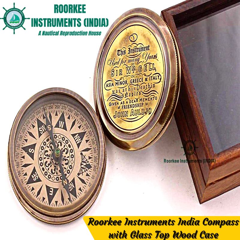 Roorkee Instruments India Compass with Glass Top Wood Case/Vintage Replica Compass