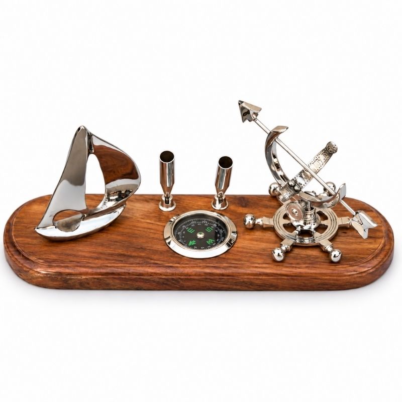 Handmade Brass Armillary, Sailing Ship & Compass Pen Holder Desk Set on Wooden Base – Nautical Maritime Office Decor