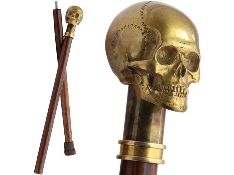 Brass Skull Walking Cane for Men – Heavy Old Brass Cast Skull Handle Walking Stick – Gothic Steampunk Decorative Cane – Solid Hardwood Shaft – Collectible Prop, Costume & Gift