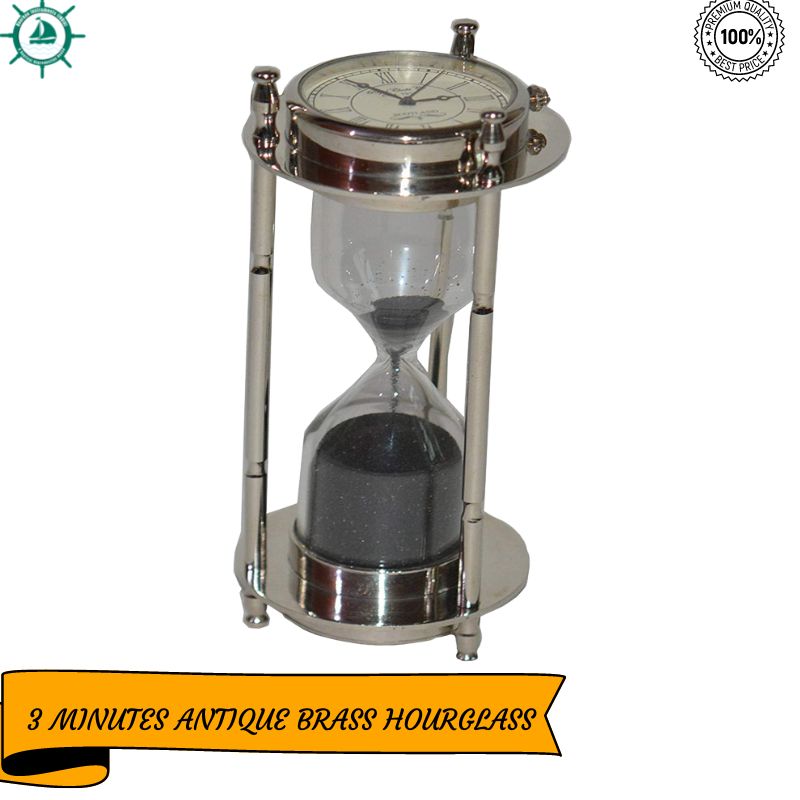 Decorative Brass Antique Style 6&amp;quot; Sand Timer one Side Compass and one Side Watch Good Collectible Hourglass