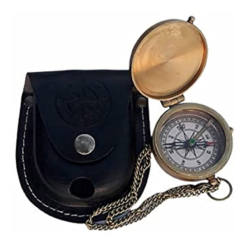 The Beatle Finder Nautical Antique Engraved Brass Compass, with Leather Carry Case, with Chain Pirates Compass, Christmas Birthday Gift Compass Camping Compass