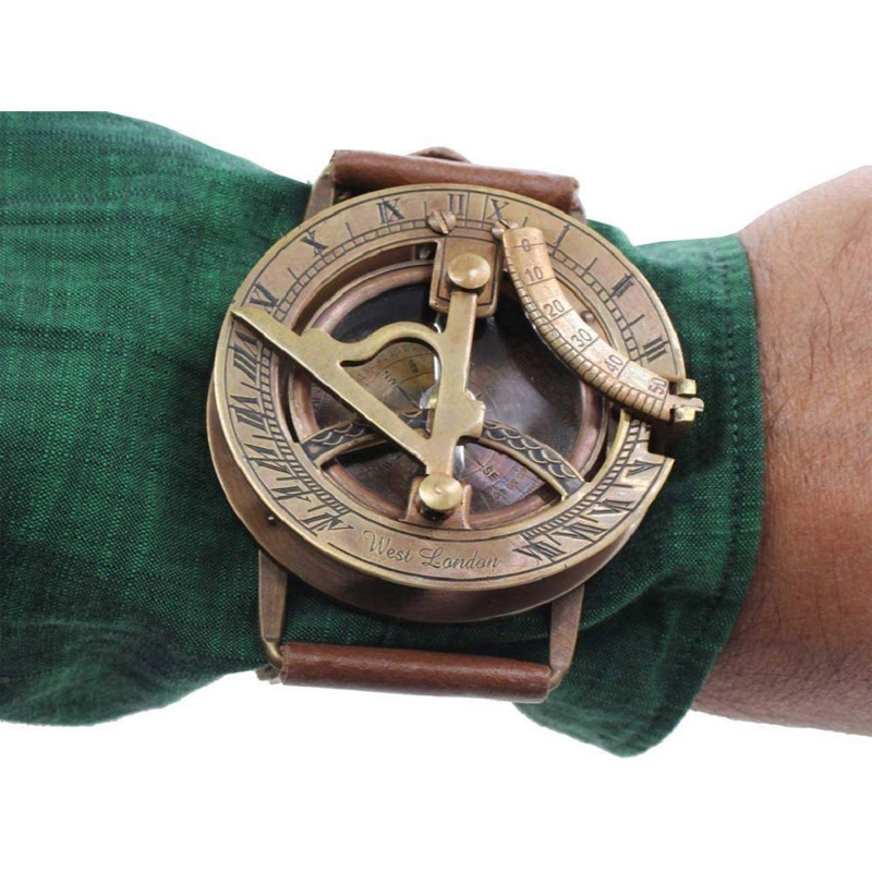 2.5 inch Brass Sundial Compass  With Dual Leather Wrist Band