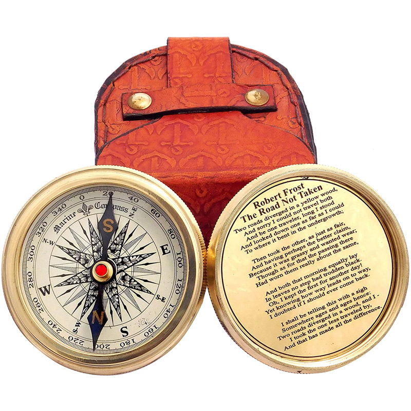 Antiqued Brass Robert Frost Poem Compass with Leather Case