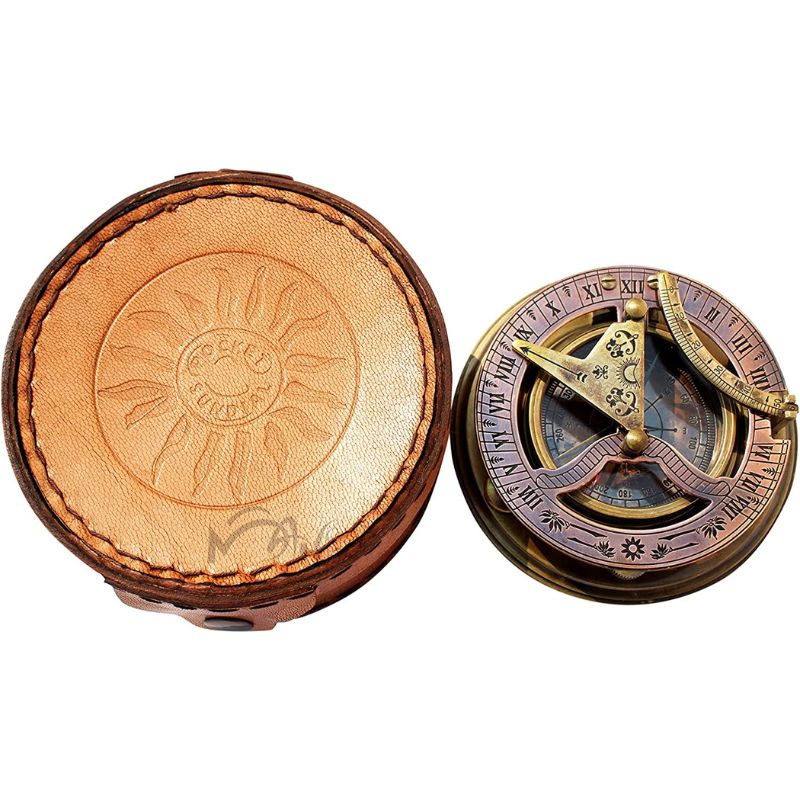 Solid Brass Sundial Compass with Box Vintage Gift, Sundial Clock, Sun dial in Box Gift Sun Clock Ship Replica, Birthday Gift, Magnetic Sundial Clock with Leather Box.