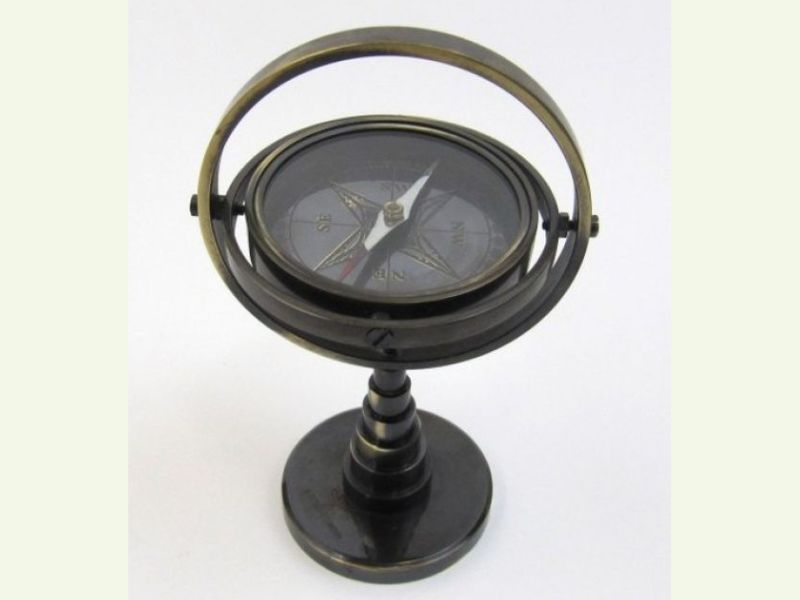 Gimbaled Brass Stand Compass | Antique Finish Vintage Nautical Compass | Handmade Decorative Maritime Desk Compass | Pirate Gift, Camping Travel & Boat Equipment, Home Office Decor