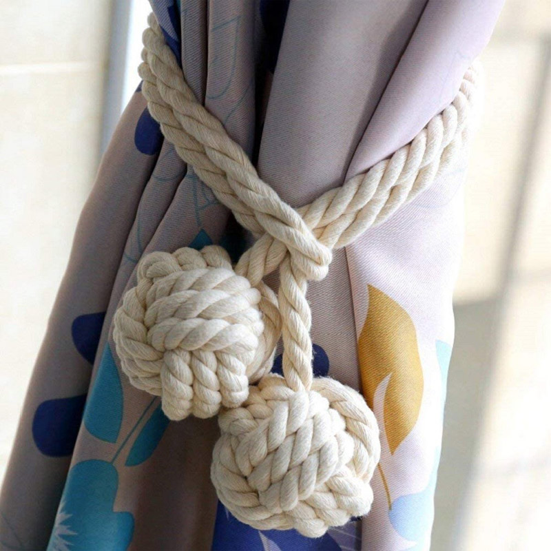 Curtain Holdbacks Hand Knot Braided Drapery Tiebacks with Double Ball Handmade Cotton Cord Rope Tassel 2pcs-Beige