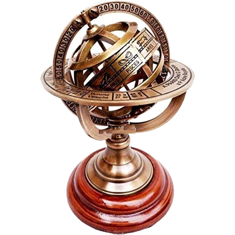 Brass Armillary Sphere Astrolabe On Wooden Base Maritime Nautical and Collectible