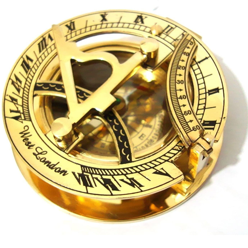 3 Inches Sundial Compass with Teak Wood Box Inlaid with Solid Brass