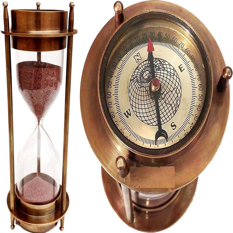 3 minutes Sand Brass Timer Hourglass Nautical Antique Vintage Maritime Compass Glass Decorative Décor