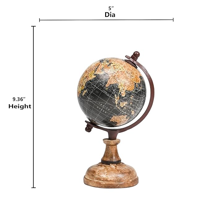 Vintage Educational World Globe 5" Desk Decor | Rotating Black & Gold Map Globe with Wooden Base | 9.36" Height Mini Tabletop Globe for Kids Learning, Home Office & Classroom Decoration