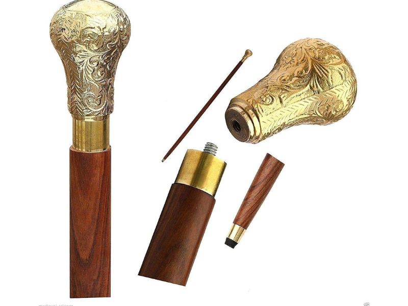 Brass Embossed Walking Cane – Floral Handle Wooden Stick for Men & Women, 37 Inch Foldable Brown Shaft, Vintage Style Decorative Walking Stick, Gift for Gentlemen, Seniors & Collectors