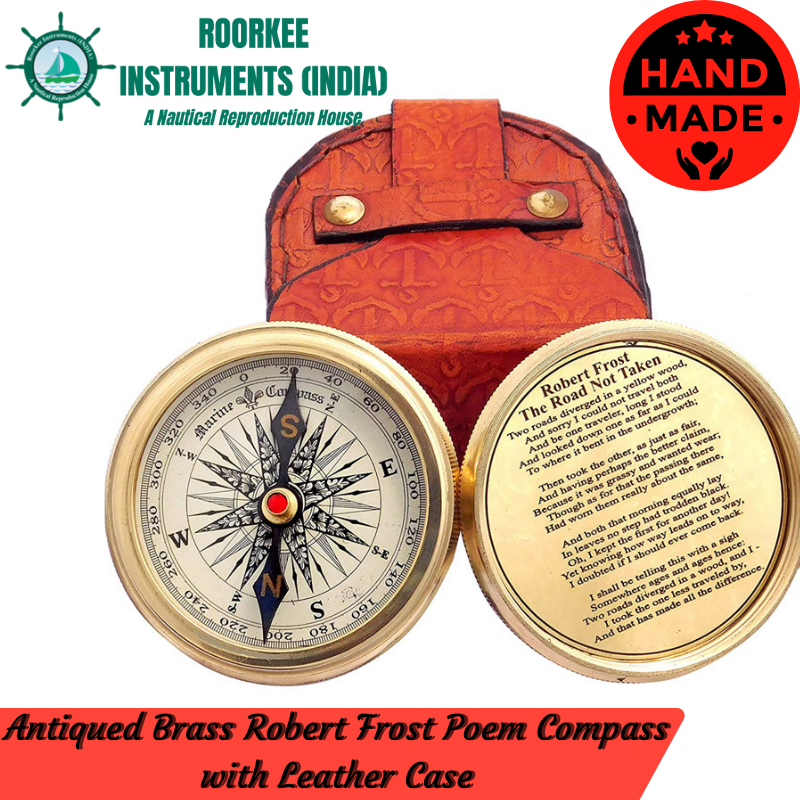 Antiqued Brass Robert Frost Poem Compass with Leather Case