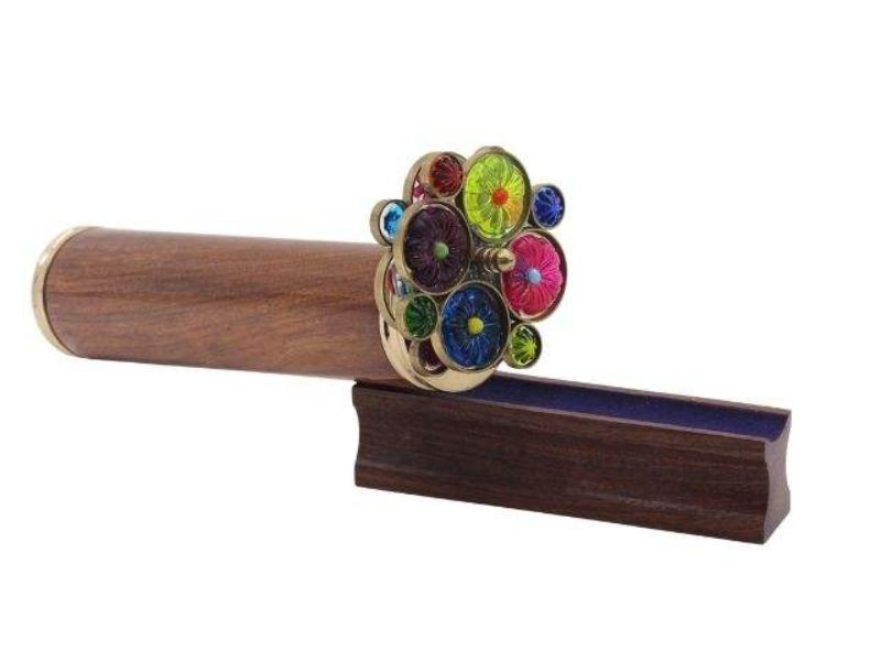 Handcrafted Wooden Brass Kaleidoscope with Colorful Flower Wheels Optical Art Collectible Toy and Gift