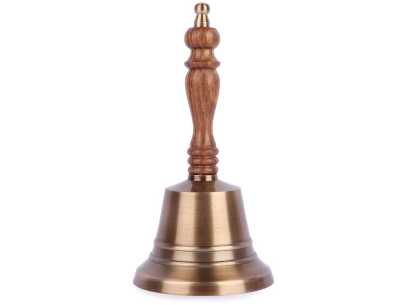 Premium Solid Brass Service Bell Handheld Loud Call Bell with Wooden Handle for Church Restaurant Hotel Reception Office Event Holiday Use Brass Finish