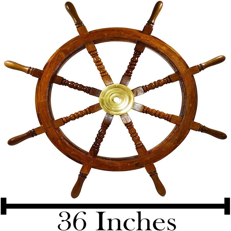 Wooden Ship Wheel Wall Decoration with Brass Center Hub, Turned Spokes and Handles, Maritime Nautical Boat Helm Décor, Brown Wood (36 Inch)