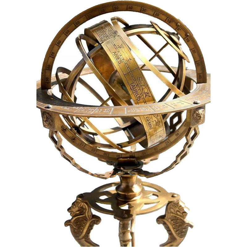 Antique Brass 18 Inches Armillary Sphere Globe Astrolabe Zodiac Engraved Celestial Globe Wooden Base with Compass