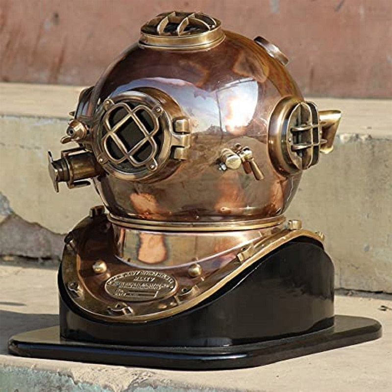 Full Size Diving Helmet U.S Navy Divers Helmet Solid Brass Mark V Diving Helmet with Black Wood Stand Vintage Helmet 18inch