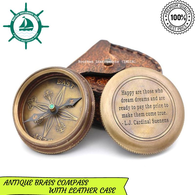 Happy are Those Who Dream Dreams Brass Compass with Leather Case Free Engraving!!.