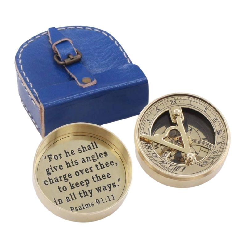 Wholesale Handmade Antique Brass Sundial Compass Necklace W Leather Case Personalized Engraved "For he shall give his angles..."