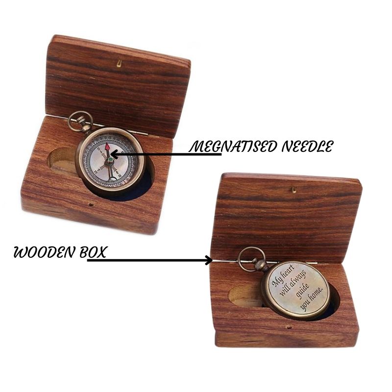 Solid Brass Compass -My heart will always guide you home with Wooden Case