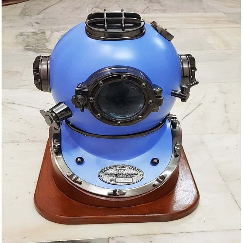 Blue Hand Crafted Black Chrome Scuba Morse Boston Brass Diving US Navy Divers Helmet with Heavy Duty Wooden Stand