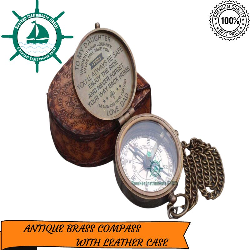 Antique Nautical Vintage Directional Magnetic Compass Famous Scripture Quote Engraved Baptism Gifts with Leather Case