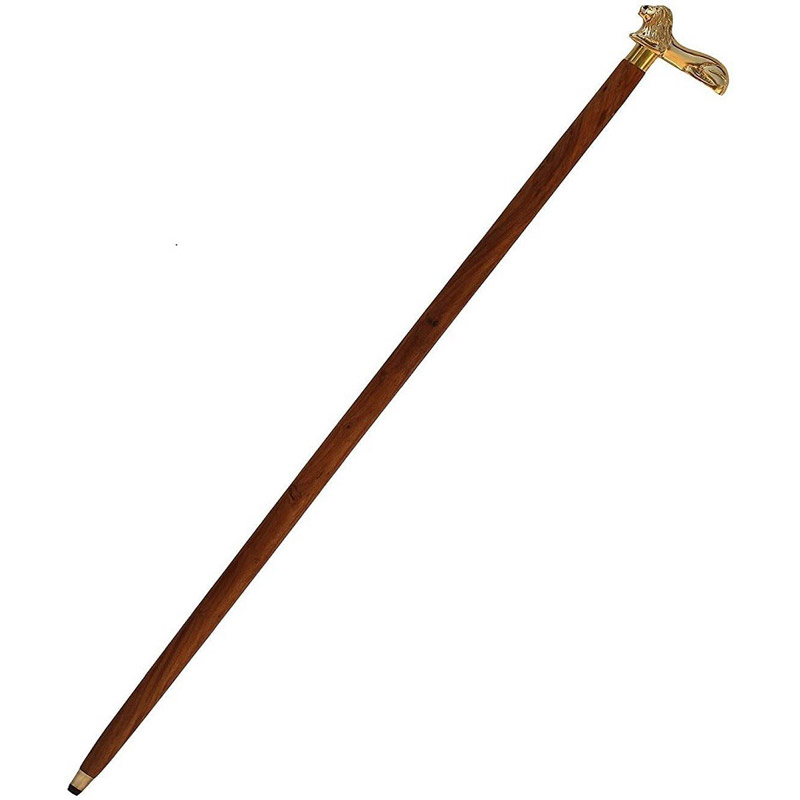 RII Brown Wooden Walking Stick - Wood Cane with Golden Lion Brass Handle - Unique Vintage Look Decorative Gentleman Walking