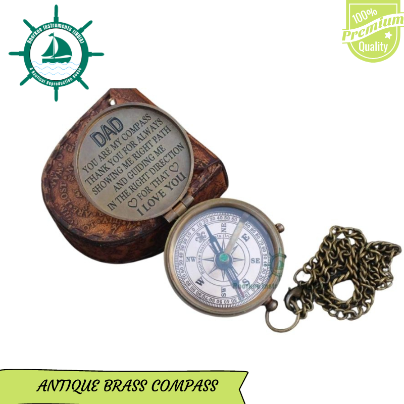 Antique Nautical Vintage Directional Magnetic Compass with Famous Scripture Quote Engraved Baptism Gifts with Leather Case or Wooden Case for Dad from Son, Daughter