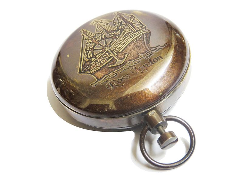 Ross London Vintage Brass Pocket Compass | Push Button Antique Navigation Compass | Rustic Nautical Maritime Decor & Gift for Men, Son, Husband | Handmade Home Office Table Compass