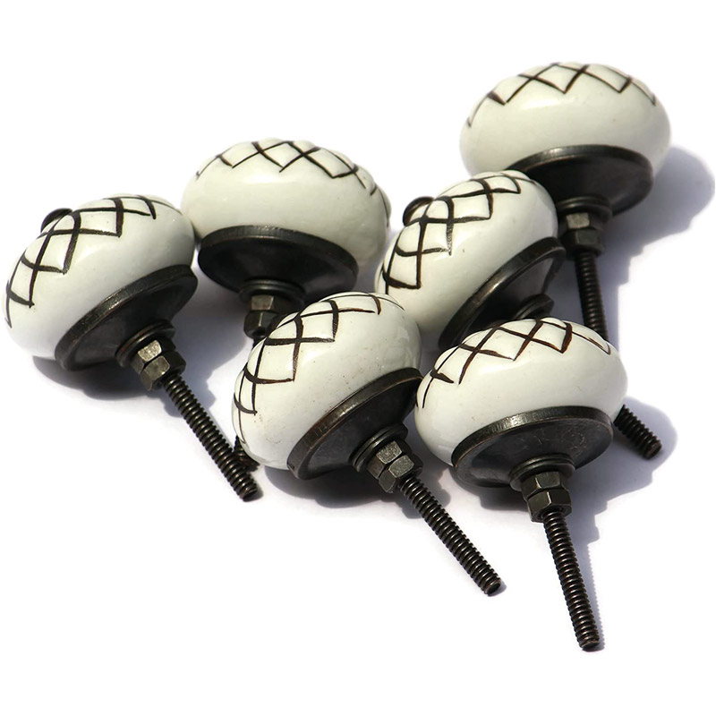 Set of 6 Vintage Theme Black and White Ceramic Knobs - Cabinet knobs - Drawer knobs - Cabinet pulls - Door knobs (Lotus)