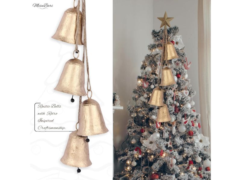 Handmade Rustic Cow Bells Set of 4 – Decorative Metal Wind Chimes with Natural Jute Rope | Soothing Relaxing Sound for Home, Garden, Balcony, Patio & Christmas Decor