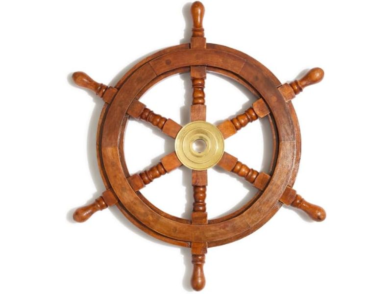 Wooden Ship Wheel Wall Decor 12" with Brass Center – Handcrafted Nautical Steering Wheel for Coastal Beach House, Office & Restaurant | Maritime Sailboat Captain’s Wheel Gift