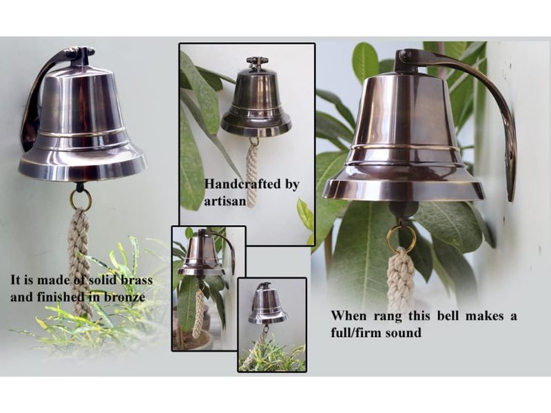 Solid Brass Wall Mounted Ship Bell, Bronze Finish Marine Hanging Bell for Dinner, Indoor &amp;amp; Outdoor Use, School, Bar, Reception, Restaurant, Nautical Decor by Roorkee Instruments India