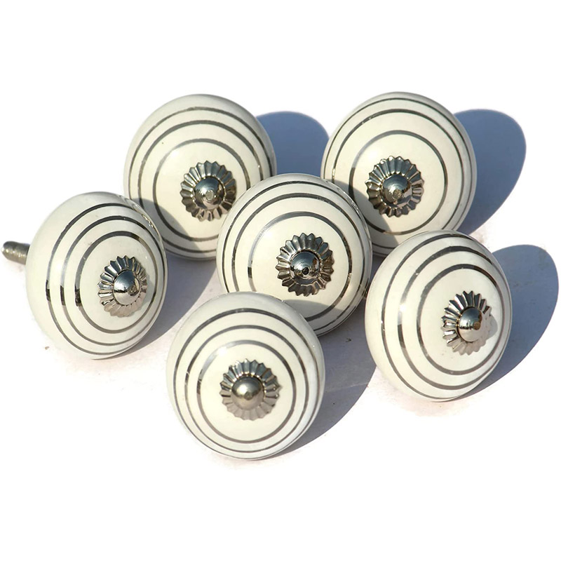 White Ceramic Knobs Silver Glow Theme Design - Cabinet knobs - Drawer knobs - Cabinet pulls - Door knobs - Bifold Door knobs (Set of 6 Round)