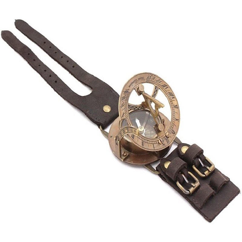 2.5 inch Brass Sundial Compass  With Dual Leather Wrist Band