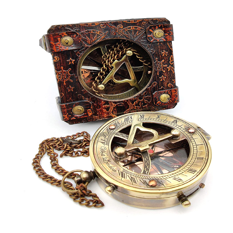 Antique Brass Sundial Compass Marine Boat Gift Pocket Sun Dial in Leather Display Box Nautical Marine Gift Sun Clock Pirate Ship Replica Watch Steampunk Accessory