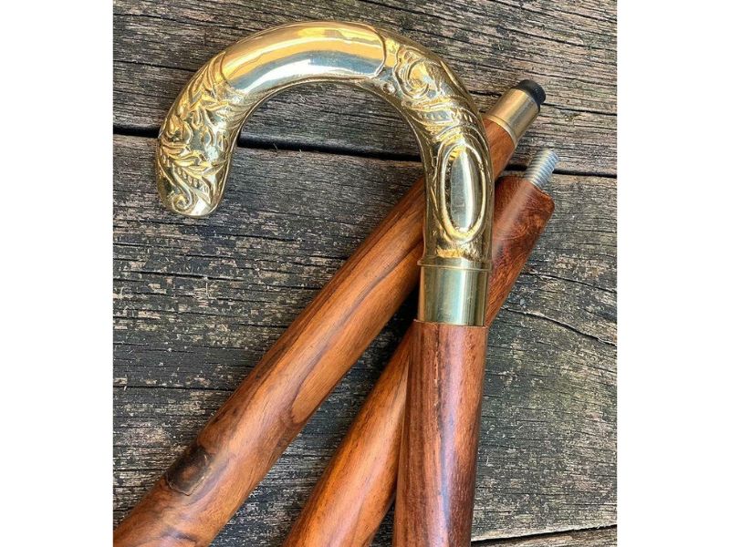 Solid Brass Handle Wooden Walking Cane – Vintage Folding Walking Stick for Men & Women – 3-Fold Brown Wood Shaft, Umbrella-Style Design, Antique Collectible Cane Gift