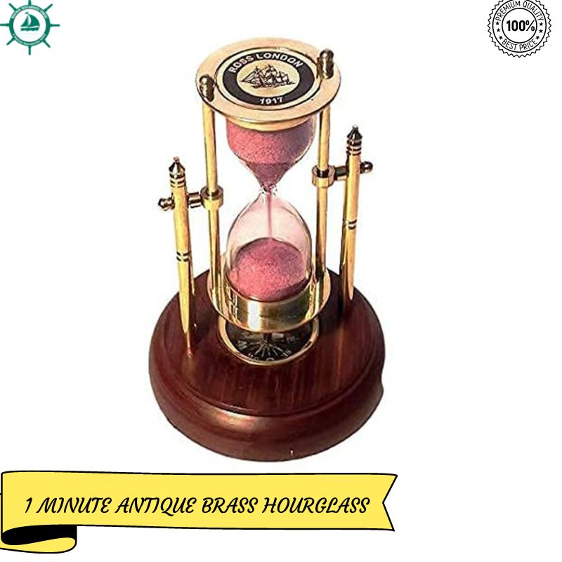 Antique Brass Sand Timer with Compass On Wooden Base Hour Glass Clock Nautical Hourglass Theme Decor A Great Item for Home Decorations (Height 5 Inches 1 Minute) 