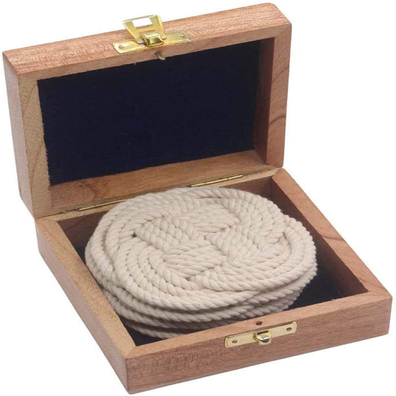 Jute Rope Coaster Set, Nautical Gift, Beach Décor, Surface-Protecting, Vintage Woven Coasters for Table Care, Absorbs Moisture Well, Set of 4 (White Cotton/Wood Case)