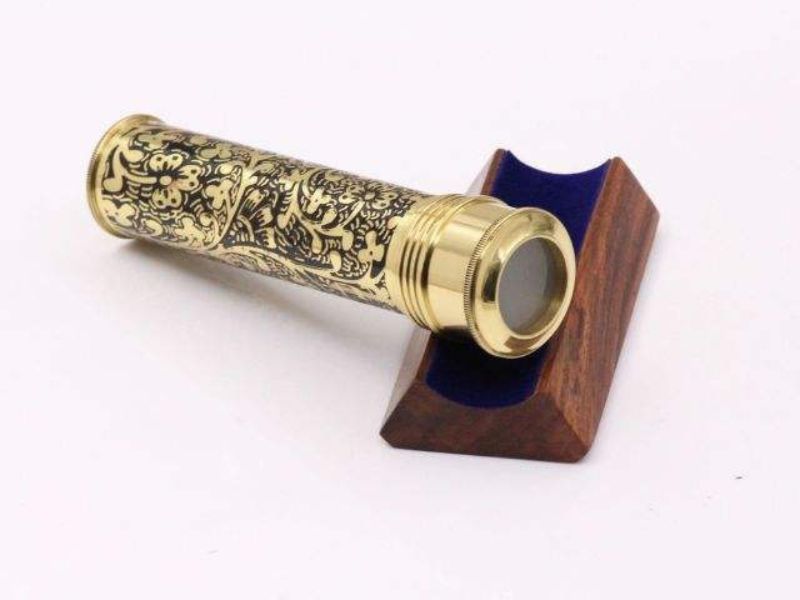 Etched Brass Handmade Kaleidoscope with Lampworked Glass Beads Dry Object Chamber & Wooden Stand Unique Collectible Gift